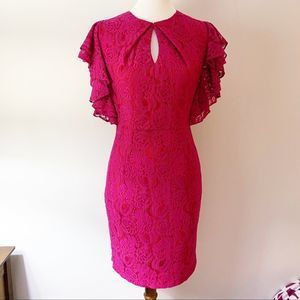 NY & Company Flutter Sleeve Lace Dress Magenta